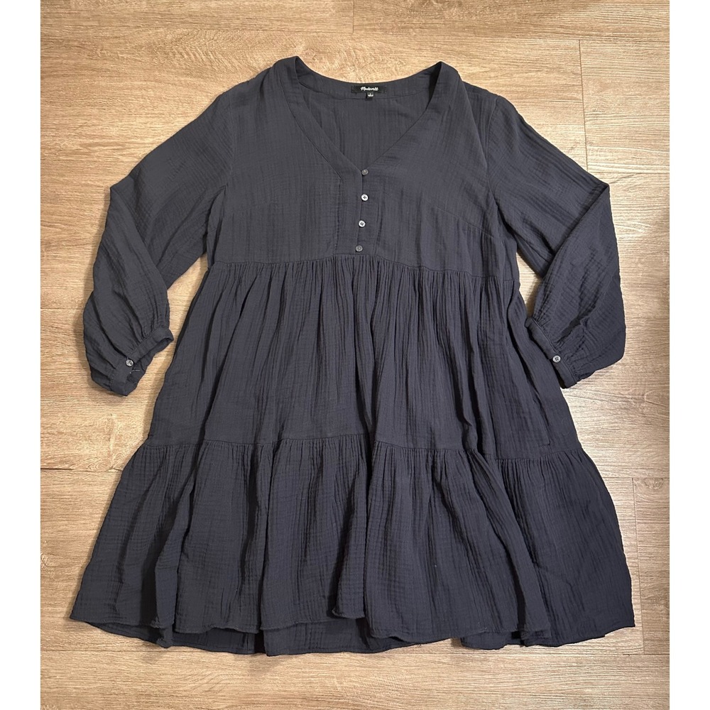 Madewell Double Gauze Tiered Mini Dress Black Cotton Long Sleeve V-Neck Size 4